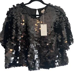 A New Day Women's Black Short Sleeve Cropped Paillettes Shirt - Size XL - NWT